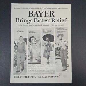 1958 Bayer Aspirin Pain Relief Vintage Print Ad Headache Backache Arthritis Sore